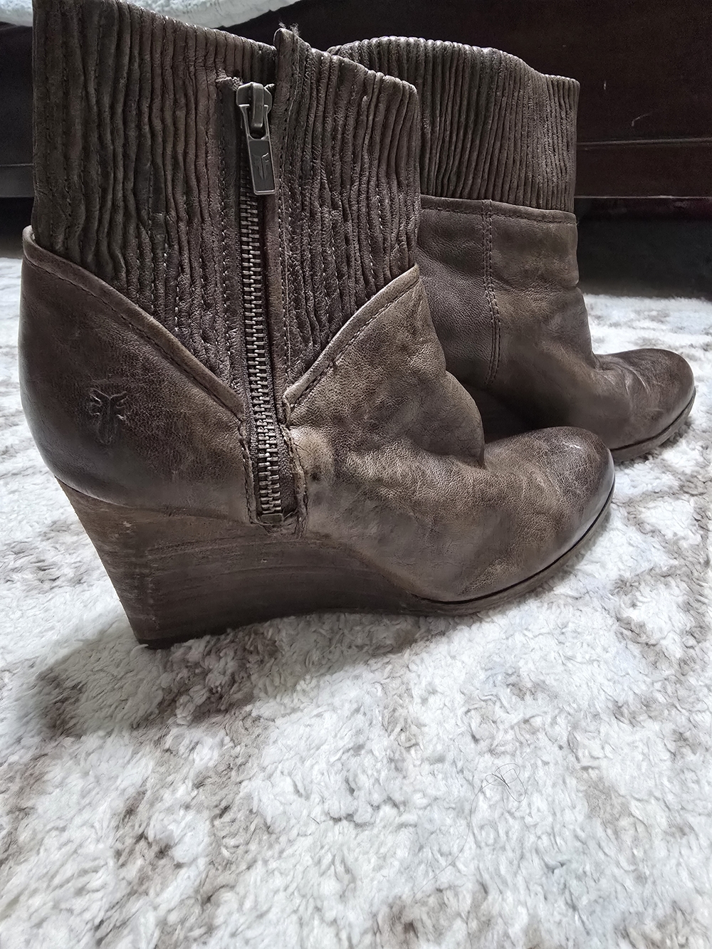 Frye Croby Distressed Brown Leather Wedge Ankle Boots With Side Zip